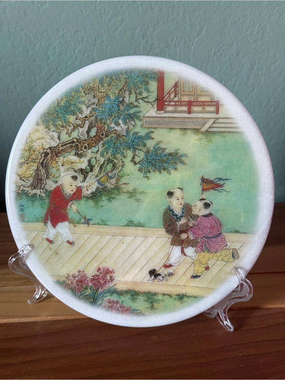 Vintage Asian Children Marble Art Plate 8” Decorative Plaque